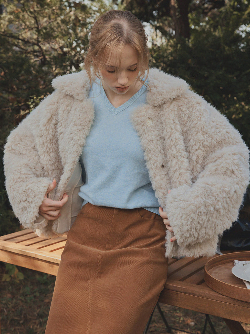 [TWEE] Chaqueta de Piel con Cuello de Borreguito