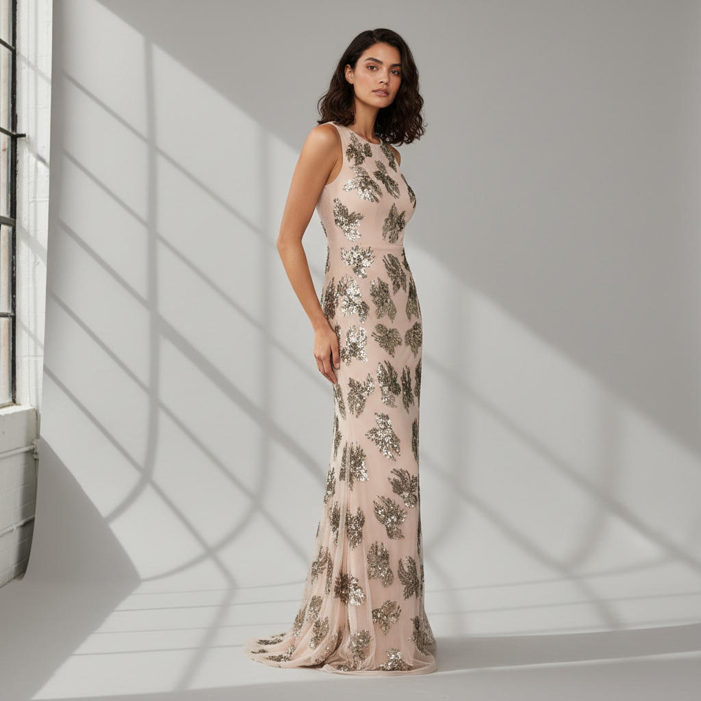 Vestido Largo Floral con Brillos – Elegancia Sofisticada