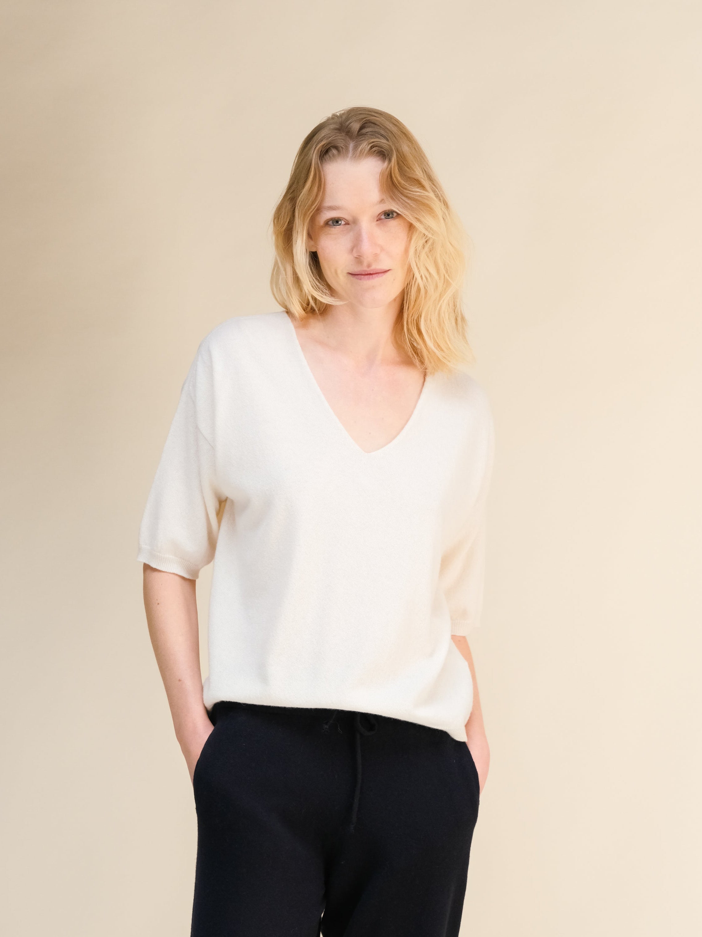Camiseta de Cashmere Mezcla con Escote en V