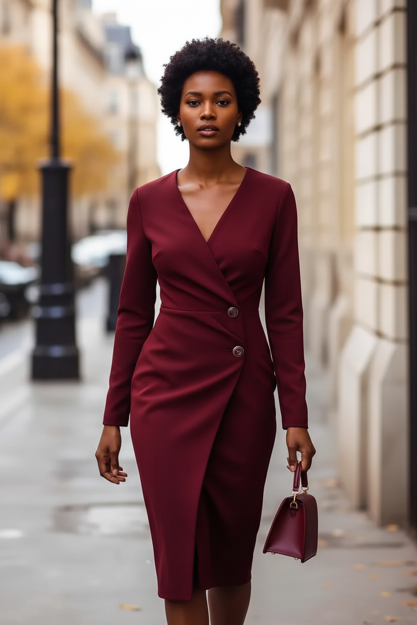 Suria| Vestido manga larga burdeos
