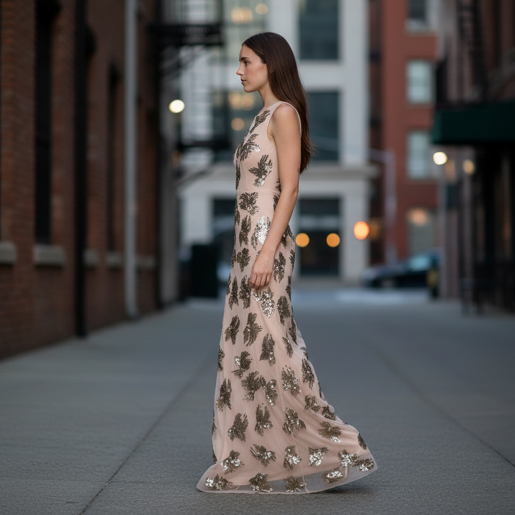 Vestido Largo Floral con Brillos – Elegancia Sofisticada