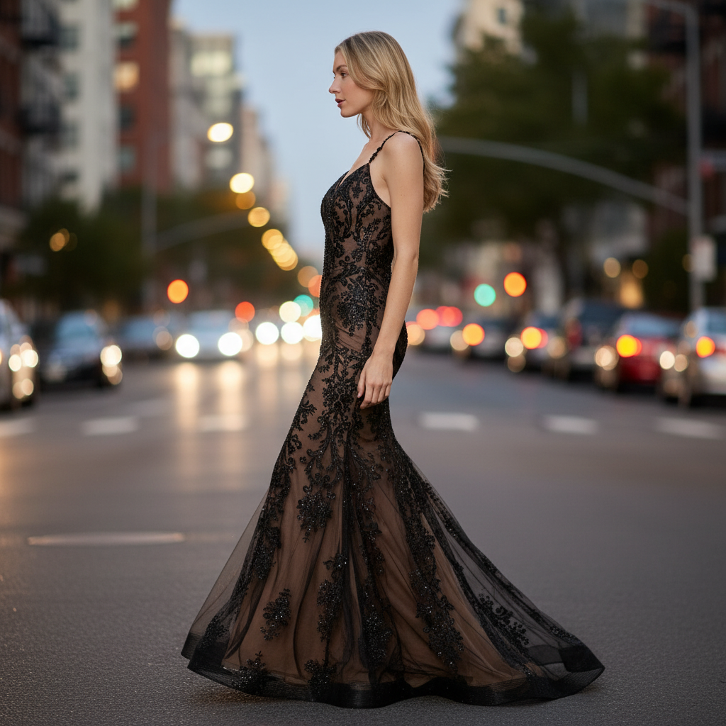 Vestido Largo Elegante con Detalles de Encaje