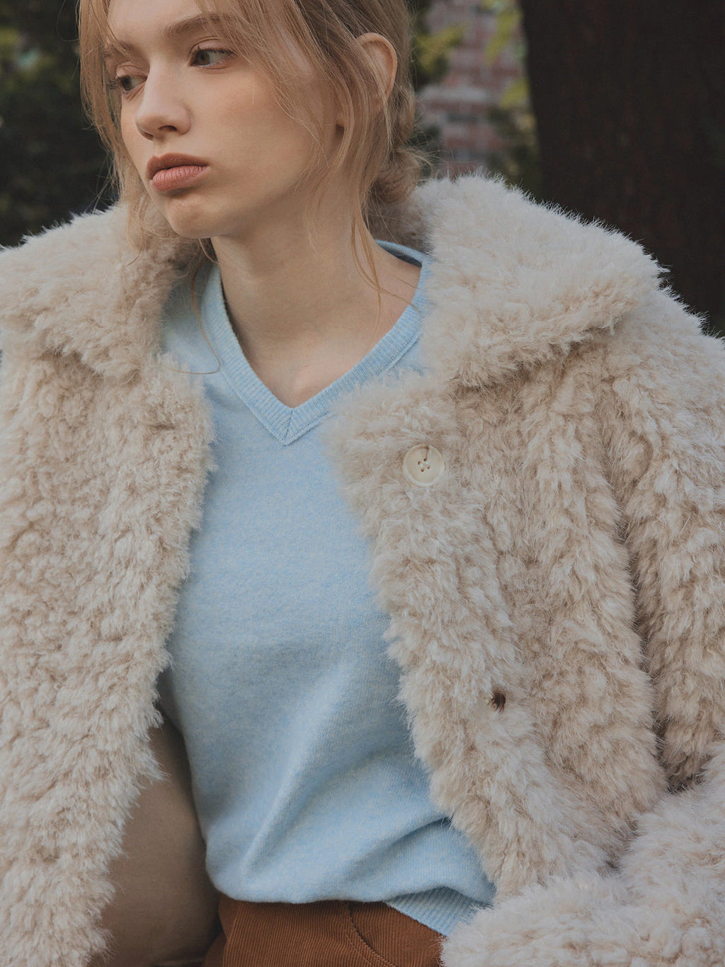 [TWEE] Chaqueta de Piel con Cuello de Borreguito