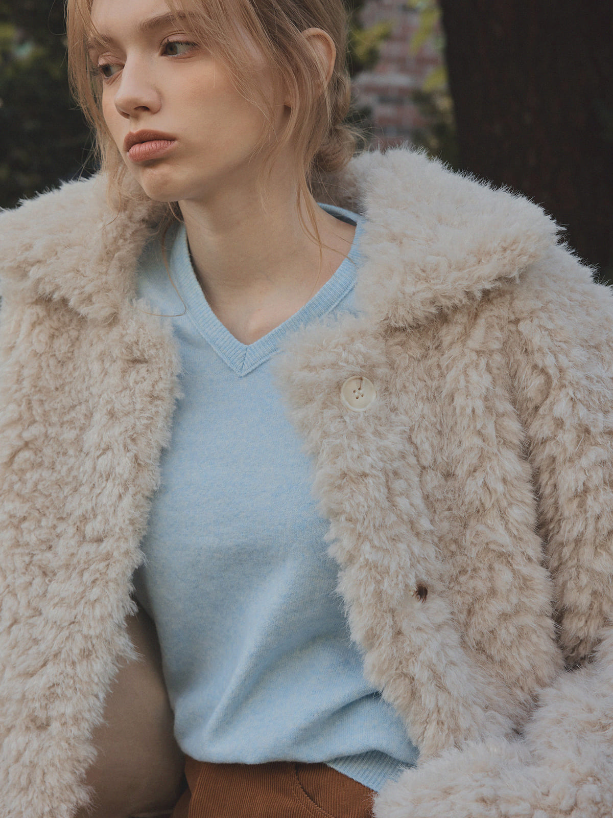 [TWEE] Chaqueta de Piel con Cuello de Borreguito