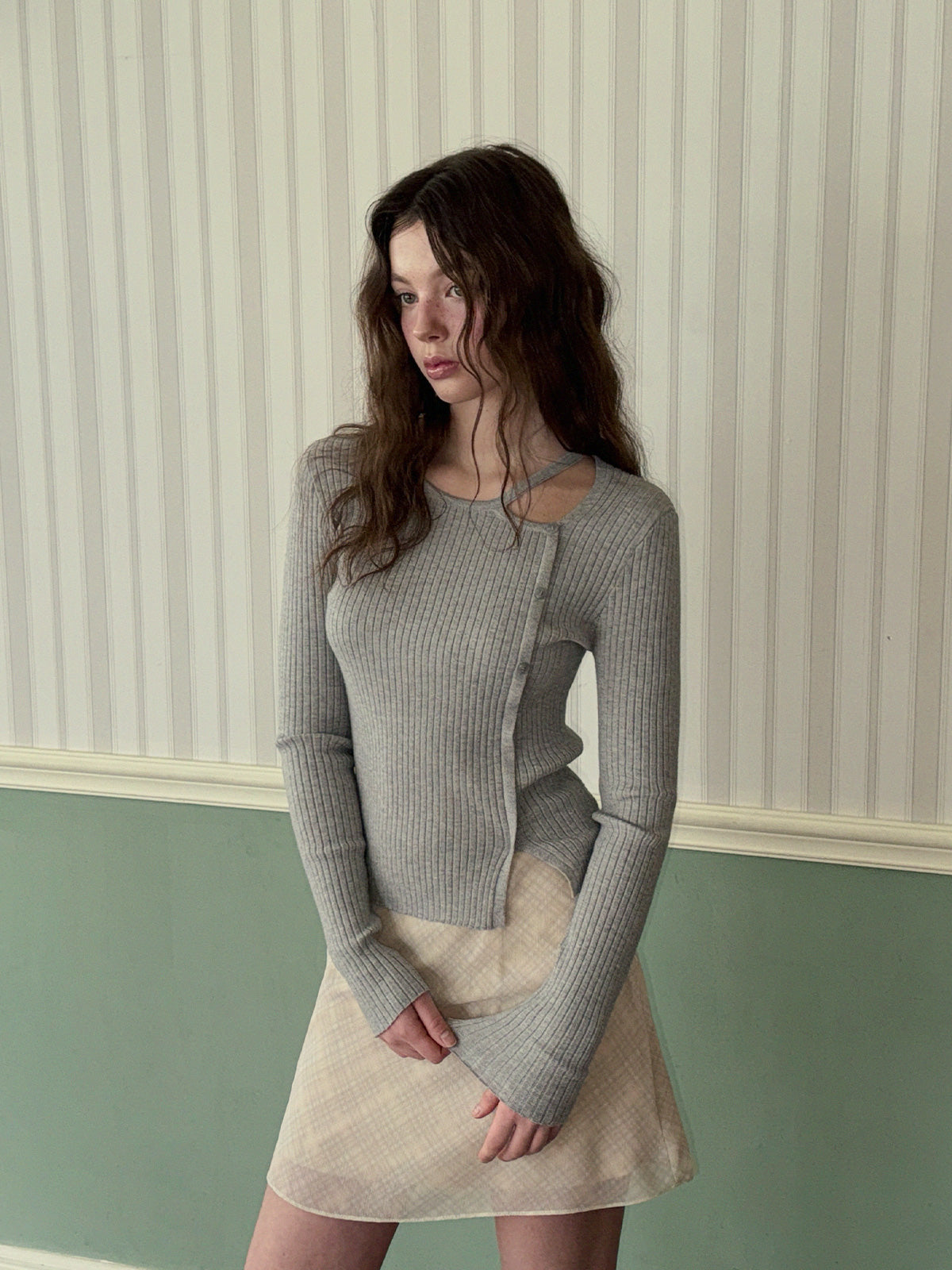 [TWEE] Marlon Asymmetrical Slit Button Long Sleeve Knit-0