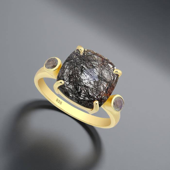 Ring Nebbia - Sterling Silver Rutilated Quartz & Labradorite Ring-0